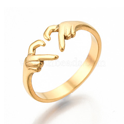 Ion Plating(IP) 304 Stainless Steel Hand Heart Cuff Rings, Open Rings for Women Girls, Real 18K Gold Plated, US Size 6(16.7mm)(X-RJEW-N038-121LG)