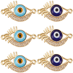 Beebeecraft 8Pcs 2 Colors Rack Plating Real 18K Gold Plated Brass Micro Pave Clear Cubic Zirconia Connector Charms, Eye Links with Handmade Evil Eye Lampwork, Cadmium Free & Lead Free, Mixed Color, 15x26x4.5mm, Hole: 1.4mm, 4pcs/color(ZIRC-BBC0002-03)