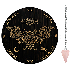 AHADEMAKER 1Pc Wood Pendulum Board, 1Pc 304 Stainless Steel Cable Chain Necklaces, 1Pc Natural Rose Quartz Stone Pendants, for Witchcraft Wiccan Altar Supplies, Bat Pattern, Board: 200x4mm(DIY-GA0005-16E)