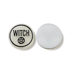 Halloween  Resin Cabochons, with Glitter Powder, Flat Round with Word Witch, White, 29.5x5mm(RESI-G055-04B)