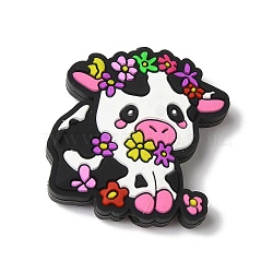 Dairy Cattle Cow Calf with Various Colors Small Flowers Silicone Focal Beads, Silicone Teething Beads, Cattle Shape, White, 28x27x8mm, Hole: 3mm(SIL-M006-03B)