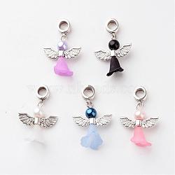Alloy European Dangle Charms, with Glass Pearl Beads and Acrylic Beads, Lovely Wedding Dress Angel Dangle, Mixed Color, 32x21x10mm, Hole: 4.5mm(PALLOY-JF00212)