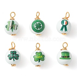 Saint Patrick's Day Printed Wood Pendants, Golden Tone Copper Wire Wrapped Round Charms, Green, 24~24.5x15~16.5mm, Hole: 4~4.5mm(PALLOY-JF02234)