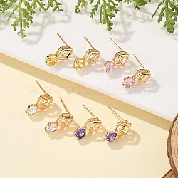 Rhombus & Flat Round Brass Micro Pave Cubic Zirconia Stud Earrings for Women, Cadmium Free & Lead Free, Long-Lasting Plated, Rack Plating, Golden, Mixed Color, 13.5x7mm(EJEW-G428-20G)