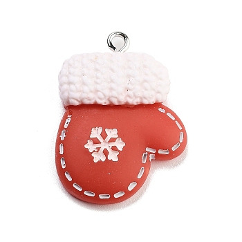 Christmas Theme Opaque Resin Pendants, with Platinum Tone Iron Loops, Glove, 30.5x22x6.5mm, Hole: 2mm