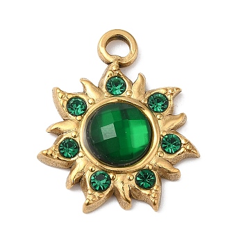 Real 18K Gold Plated 304 Stainless Steel Pendants, with Glass, Sun Charms, Green, 24.5x20.5x5~6mm, Hole: 2.5mm