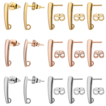 30Pcs 3 Color 304 Stainless Steel Stud Earring Findings , with 30Pcs 304 Stainless Steel Ear Nuts, Vertical Bar with Loop, Mixed Color, 15x3x1mm, Hole: 1.8mm, Pin: 0.7~0.8mm, 10pcs/color