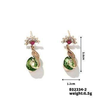 Exquisite Shiny Elegant Earrings with Green Water Drop Flower Design, Golden, 36x12mm