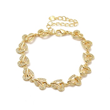 Clear Cubic Zirconia Heart Link Chain Bracelet, Rack Plating Brass Jewelry for Women, Lead Free & Cadmium Free, Long-Lasting Plated, Real 18K Gold Plated, 7-1/2 inch(19cm)