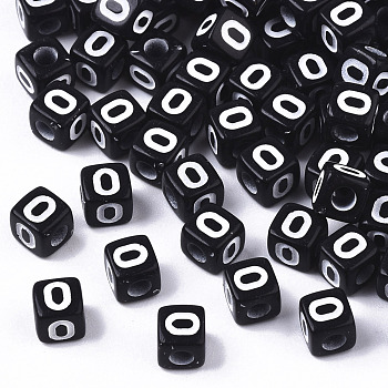 Opaque Acrylic Beads, Horizontal Hole, Alphabet Style, Cube, Black & White, Letter.O, 5x5x5mm, Hole: 2mm, about 500pcs/50g