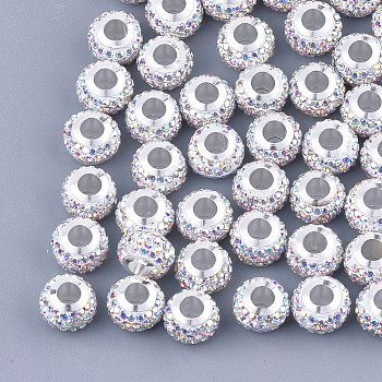 Polymer Clay Rhinestones European Beads, Large Hole Beads, with Platinum Tone Brass Single Cores, Rondelle, Crystal AB, 11x8mm, Hole: 4.5mm