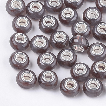 Resin European Beads, Large Hole Beads, with Silver Color Plated Brass Cores, Rondelle, Light Grey, 14x8.5~9mm, Hole: 5mm