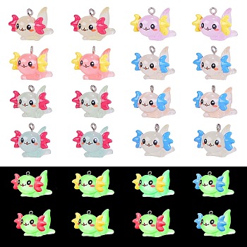 24Piece 8 Styles Transparent Resin pendant Axolotl Luminous Resin Pendant DIY Decorative Accessories, Mixed Color, 26x23.5mm, Hole: 2mm, 3Piece/Styles