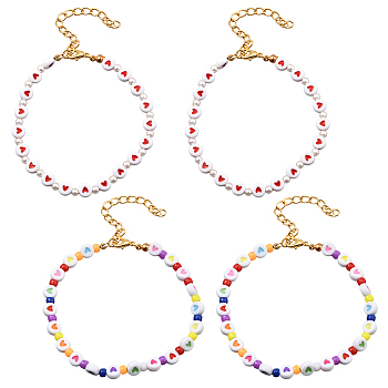4Pcs 2 Styles Acrylic Beads Bracelets for Women, Flat Round with Heart, with Plastic Pearl, Mixed Color, 8-5/8~8-3/4 inch(22~22.2cm), 2pcs/style