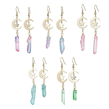 Moon & Star Brass Dangle Earrings, Dyed Natural Quartz Crystal Nugget Long Drop Earrings, Mixed Color, 61~83x16.5mm