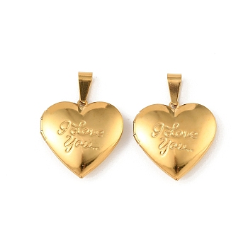 316 Stainless Steel Locket Pendants, with 304 Stainless Steel Snap on Bails Stainless Steel Photo Frame Charms, Ion Plating(IP), Heart with Word Charms, Real 20K Gold Plated, 29x28.5x8mm, Hole: 10.5x4.5mm, Inner Diameter: 21.5x20.5mm