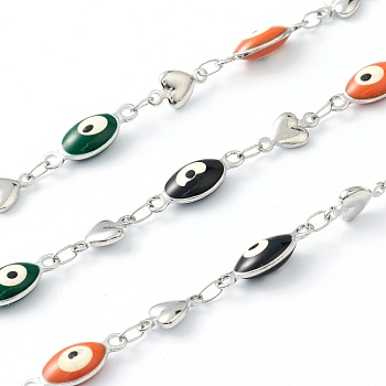 304 Stainless Steel Enamel  Link Chains, Oval Evil Eye & Heart, Unwelded, with Spool, Stainless Steel Color, Mixed Color, Evil Eye: 15x6x4mm, Heart: 10x6x2mm, 16.4 Feet(5m)/roll