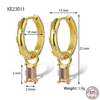 Real 18K Gold Plated 925 Sterling Silver Dangle Hoop Earrings, Rectangle Cubic Zirconia Drop Earrings, with S925 Stamp, Sandy Brown, 22x13mm