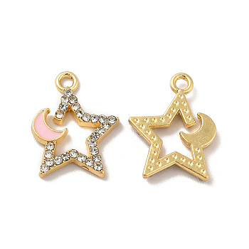 Rack Plating Alloy Rhinestone Pendants, with Enamel, Nickel Free, Star with Moon Charms, Golden, Pearl Pink, 17x13x2mm, Hole: 1.6mm