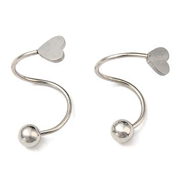 304 Stainless Steel Spiral Stud Earrings, with 201 Stainless Steel Beads, Heart Ear Studs for Women, Stainless Steel Color, 17~18.5x11x9.8mm