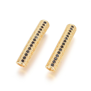 Brass Micro Pave Cubic Zirconia Beads, Long-Lasting Plated, Tube Beads, Black, Golden, 30x6mm, Hole: 3.5mm