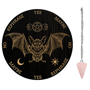 AHADEMAKER 1Pc Wood Pendulum Board, 1Pc 304 Stainless Steel Cable Chain Necklaces, 1Pc Natural Rose Quartz Stone Pendants, for Witchcraft Wiccan Altar Supplies, Bat Pattern, Board: 200x4mm