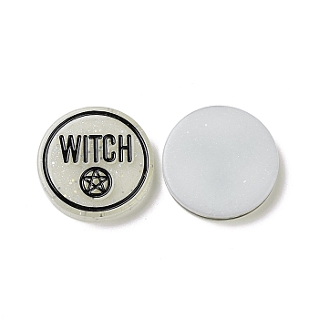 Halloween  Resin Cabochons, with Glitter Powder, Flat Round with Word Witch, White, 29.5x5mm