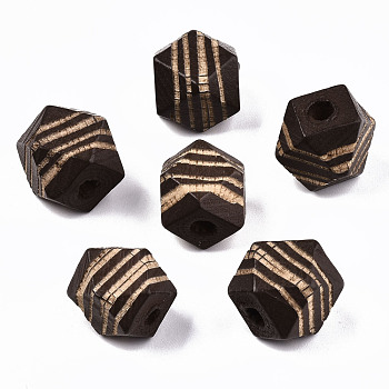 Painted Natural Wood Beads, Laser Engraved Pattern, Faceted, Polygon with Zebra-Stripe, Coconut Brown, 12x12x12mm, Hole: 3mm
