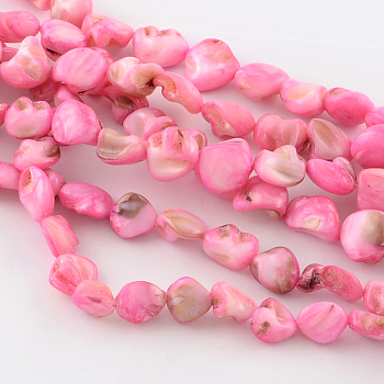 Dyed Natural Freshwater Shell Nuggets Bead Strands, Hot Pink, 8~18x7~16x4~12mm, Hole: 1mm, about 28pcs/strand, 15.7 inch