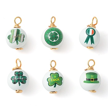 Saint Patrick's Day Printed Wood Pendants, Golden Tone Copper Wire Wrapped Round Charms, Green, 24~24.5x15~16.5mm, Hole: 4~4.5mm