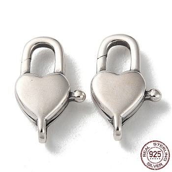 925 Thailand Sterling Silver Lobster Claw Clasps, Heart, with 925 Stamp, Antique Silver, 14x9x3.5mm, Hole: 1.2mm
