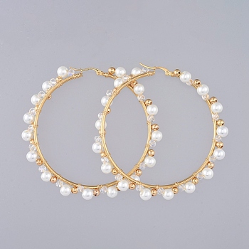 Beaded Hoop Earrings, with White Glass Pearl Beads and 304 Stainless Steel Hoop Earrings Findings, Clear Glass Beads and Brass Beads, Ring, Golden, 76mm, Pin: 0.8mm