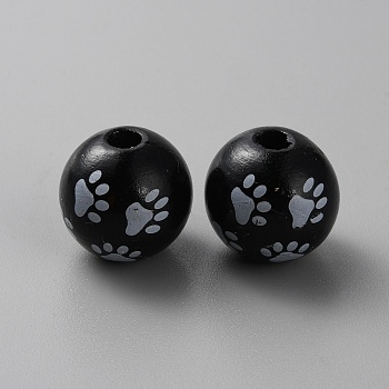 Spray Painted Wood Beads, for Jewelry Making, Round with Paw Print, Black, 15.5mm, Hole: 3.8~4mm