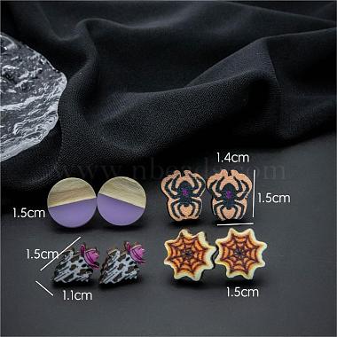 Halloween Spider Ghost Spider Web Wood Stud Earring Sets(EJEW-OY002-02)-3