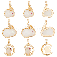 9Pcs 3 Style Real 18K Gold Plated Brass Micro Pave Cubic Zirconia Pendants, with Glass Imitation Jade, Rabbit, White, 18~21.5x14.5~20x4.5~6mm, Hole: 2.5~4mm, about 3pcs/style(KK-BC0010-46)