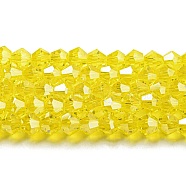 Transparent Electroplate Glass Beads Strands, Pearl Luster Plated, Faceted, Bicone, Yellow, 3x2.5mm, Hole: 0.7mm, about 162~185pcs/strand, 12.76~14.61 inch(32.4~37.1cm)(GLAA-F029-2mm-C21)