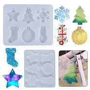 Christmas Silicone Pendants Molds, Resin Casting Molds, For DIY UV Resin, Epoxy Resin Jewelry Making, Star, Chrismtas Tree, Snowflake, Socks, Snowman, Bell, White, 245x202x15mm, Hole: 5mm(DIY-Z005-11)