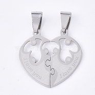 201 Stainless Steel Split Pendants, for Lovers, Heart with Heart, with Lovers & Word I Love You, For Valentine's Day, Stainless Steel Color, 26x27.5x1mm, Hole: 8x4mm(STAS-T048-22)
