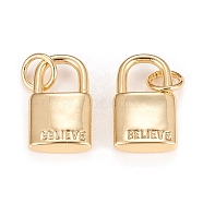 Brass Charms, Inspirational Message Charms, with Jump Rings, Long-Lasting Plated, Lock with Word Believe, Real 18K Gold Plated, 13.8x8.3x3.1mm, Hole: 3.4mm(KK-Q765-02G)