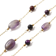 Ion Plating(IP) Real 18K Gold Plated 316 Surgical Stainless Steel Link Chains, with Natural Amethyst & Natural Agate Beads, Soldered, with Spool, 12~17x4~6x4~6mm, Bead: 4~8.5x4~6x4~6mm(CHS-G033-03A)