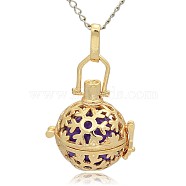 Golden Tone Brass Hollow Round Cage Pendants, with No Hole Spray Painted Brass Ball Beads, Blue Violet, 35x25x21mm, Hole: 3x8mm(KK-J232-01G)
