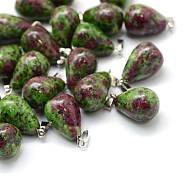 Teardrop Natural Ruby in Zoisite Pendants, with Platinum Tone Brass Findings, 21~24x12~14mm, Hole: 2x7mm(G-Q435-25)
