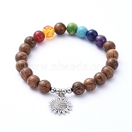Chakra Jewelry, Stretch Charm Bracelets, with Natural Gemstone Beads, Wood Beads, Alloy Pendants and 304 Stainless Steel Beads, Flower, Antique Silver,  Inner Diameter: 2 inch(5cm)(BJEW-JB05232-03)