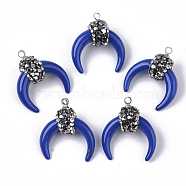 Resin Pendants, with Alloy Loop and Polymer Clay Rhinestone, Crescent/Double Horn, Platinum, Blue, PP13(1.9~2mm), 21~22x18.5x8.5~10.5mm, Hole: 1.4~1.6mm(RB-T015-09A)