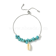 Natural Shell Charms Slider Bracelet, Synthetic Turquoise Chips Beaded Bracelet with Brass Chains, 12-5/8 inch(32cm)(BJEW-TA00365-02)