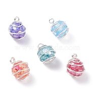 Wire Wrapped Cracked Glass Charms, with Brass Findings, Faceted Round, Mixed Color, 15x12~12.5mm, Hole: 3mm(PALLOY-JF01310)