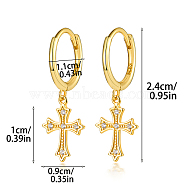 925 Sterling Silver Micro Pave Cubic Zirconia Dangle Hoop Earrings, Cross, with 925 Stamp, Golden, 24mm(FN8016-3)