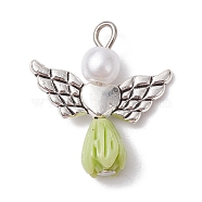 Resin Imitation Pearl Pendants, Rose Angel Charms with Antique Silver Plated Alloy Heart Wings, Yellow Green, 23.5~24x21.5x7mm, Hole: 1.8~2.2mm(PALLOY-JF02566-07)