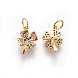 Brass Micro Pave Cubic Zirconia Charms, Four Leaf Clover, Colorful, Golden, 12x8x2.5mm, Hole: 3mm(X-ZIRC-E161-24G)