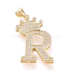 Brass Micro Pave Cubic Zirconia Pendants, Long-Lasting Plated, with Snap on Bail, Letter.R with Crown, Real 18K Gold Plated, Clear, Letter.R, R: 29x17x4mm, Hole: 3x4mm(KK-R138-002R)
